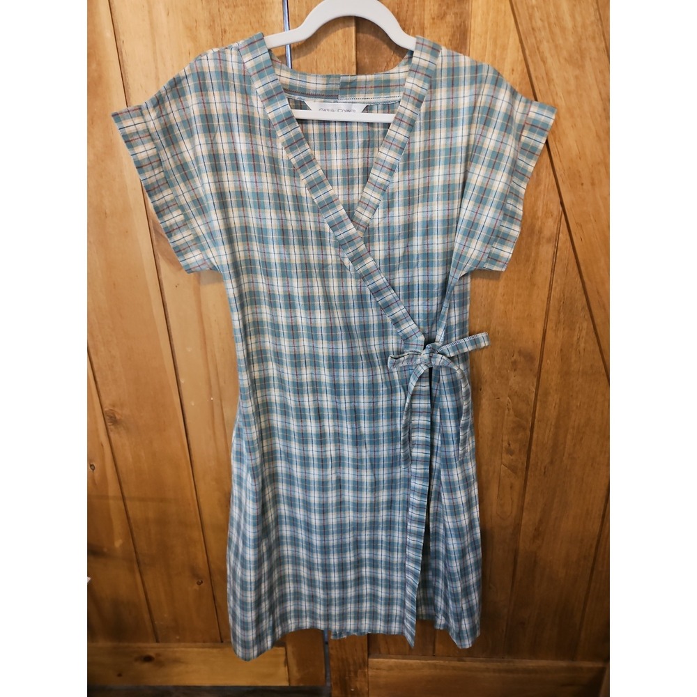 Sage Green Plaid Wrap Midi Dress Granola Girl Cottagecore Minimalist Quiet #732‎